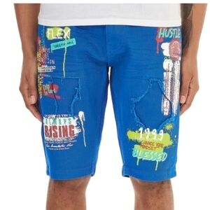 Copper Rivet Men's Size 36 Royal Blue Graffiti Graphic Shorts Inseam 11.5" Punk